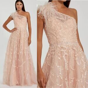 Mac Duggal Peach One-Shoulder Maxi Dress